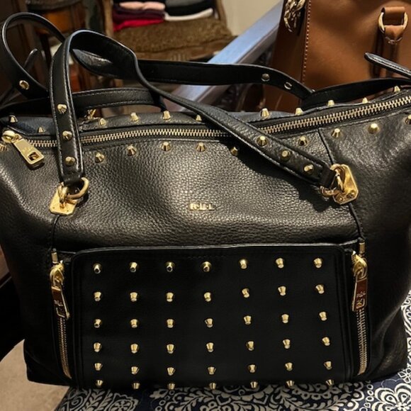 Ralph Lauren Double RL Handbags - Vintage Ralph Lauren Black Pebbled Leather Gold Studded Stachel Bag